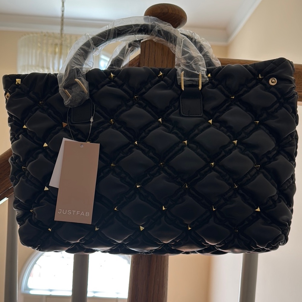 JustFab Black Quilted Tote with Studded Accents